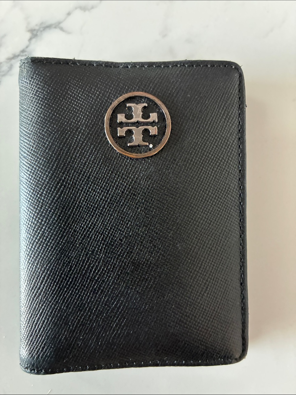 Tory Burch Black Leather Card & Key Holder with Metal Logo